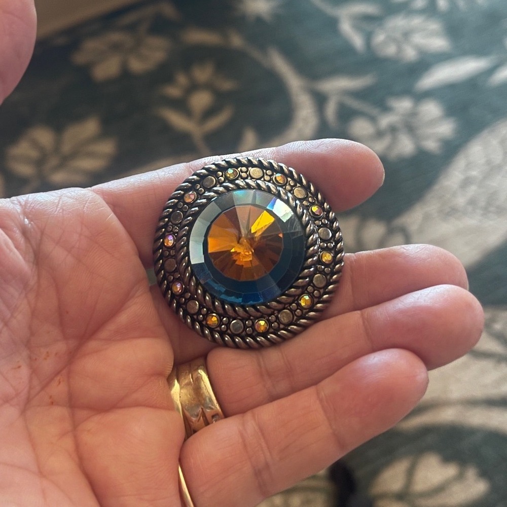 Vintage Blue Honey Carmel Glass Pyramid Ring Silver Tone Faceted Adjustable - Picture 10 of 10
